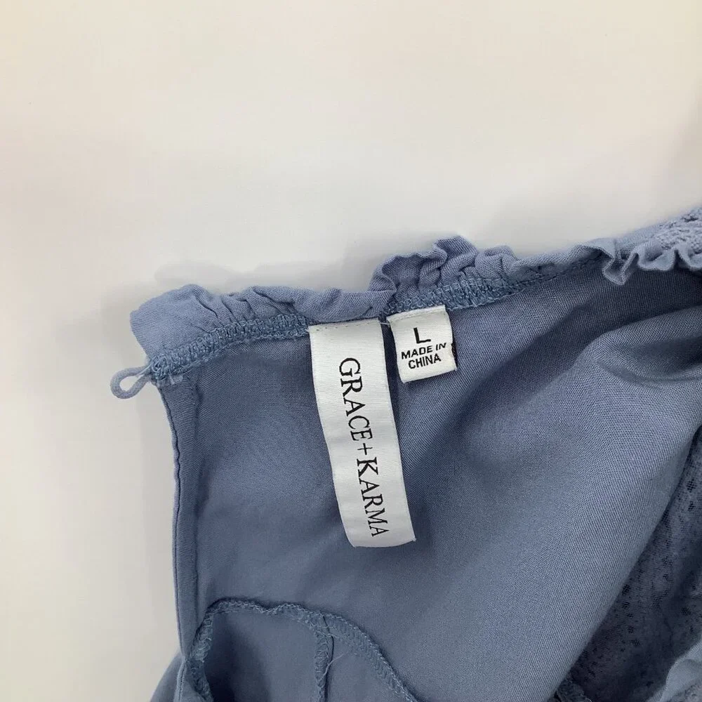 Grace + Karma Women's Blue Lace Ruffle Blouse Top L Rayon Cotton - Picture 6 of 8